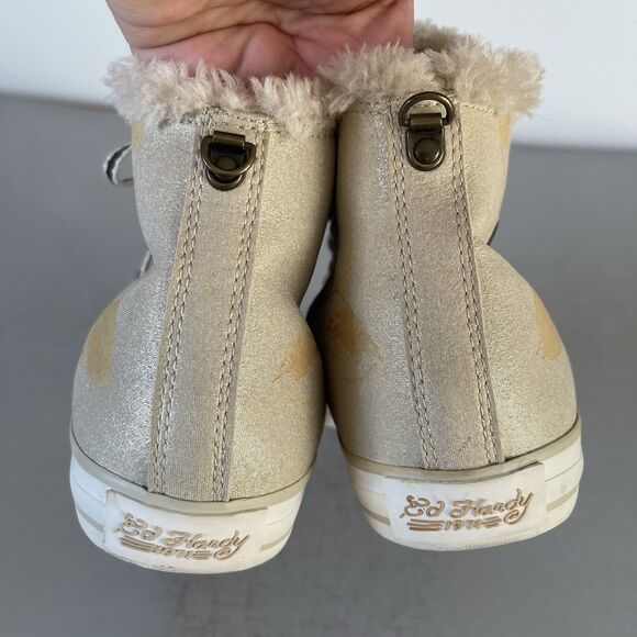 Don Ed Hardy Women's High Top Faux Fur Lined Sneaker Shoes US 8 Cream Metallic - Picture 12 of 15